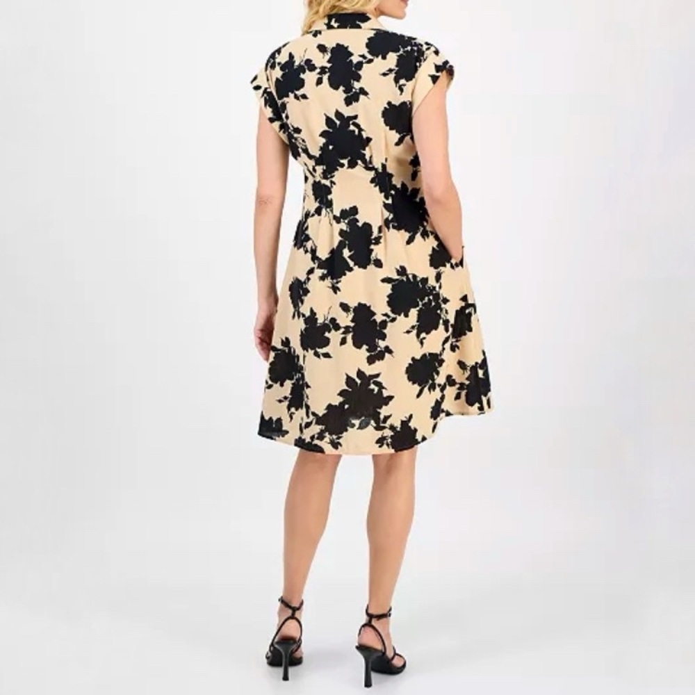 Julia Jordan Spread Collar Button Front Shirt Dress Size 10 Tan Floral Pockets - Picture 2 of 15